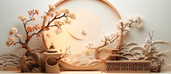 Asian style product display with moon glass screen and paper cutting props for festive products - obrazy, fototapety, plakaty