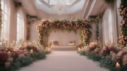 Wedding arch decorated with pink flowers. 3d rendering.