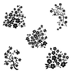 Spring flowers on a tree in Asian style, vector set of drawings on a transparent background, black silhouette for stencil.