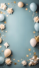 Naklejka na ściany i meble Festive background with blue and white balloons. stars and confetti