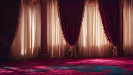 Theater stage with red curtains. 3d render illustration mock up