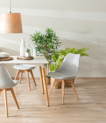 Nordic Dining Room, Featuring a White Dining Table Set with Gray Plastic Side Chairs with Wooden Legs, Adorned with Decorative Vases and White Ceramic Tableware on Placemats, Wooden Flooring.