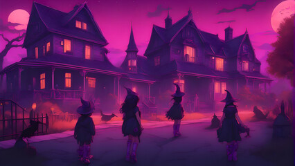 Fototapeta na wymiar Halloween background with witchs house and bats. Halloween illustration.