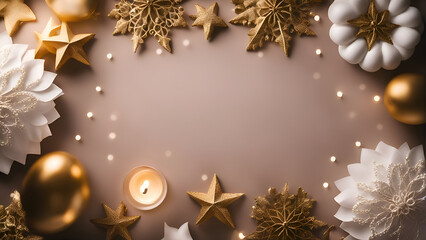 Christmas and New Year background. Decorations. snowflakes. stars and candles on a brown background