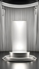 3d rendering of a white podium with a curtain and spotlights
