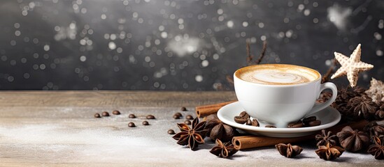 2023 themed coffee cup on wooden saucer with frothy surface and coffee beans star anise and dusty miller foliage on white cement background