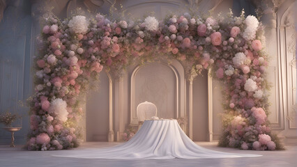Wedding arch decorated with pink flowers. 3D rendering.