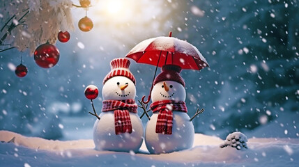 CHRISTMAS CARD WITH TWO HAPPY SNOWMEN IN SNOWFALL. Generative Ai - obrazy, fototapety, plakaty