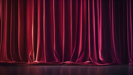 Red stage curtain with spotlight. 3d render. Stage background.