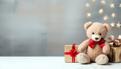 TEDDY BEAR WITH CHRISTMAS GIFTS. CHRISTMAS CARD. Generative Ai