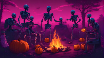 Halloween background with a group of skeleton sitting by the fire.3d render - obrazy, fototapety, plakaty
