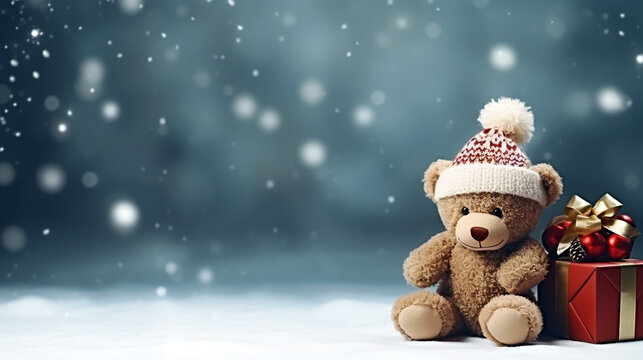 CHRISTMAS CARD WITH TEDDY BEAR, BOX WITH CHRISTMAS GIFT ON ABSTRACT WINTER BACKGROUND FOR DESIGN. Generative Ai