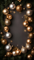Fototapeta na wymiar Christmas background with golden and silver baubles and fir tree branches. Flat lay. top view