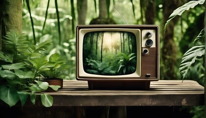 Alter Fernseher im Dschungel - Retro Illustration - umwelt - obrazy, fototapety, plakaty