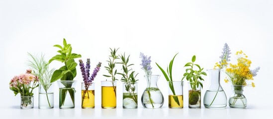 Herbal medicine plant in glass vial white background - obrazy, fototapety, plakaty