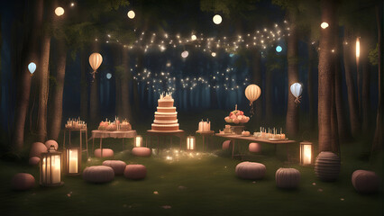 Wedding cake in the forest at night. 3D rendering