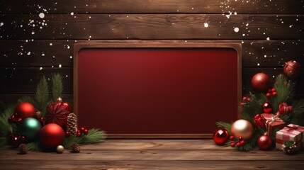 merry christmas new year background with decorations on red sign board at wall. blank banner board with copy space. frame wallpaper texture for ads. Generative AI