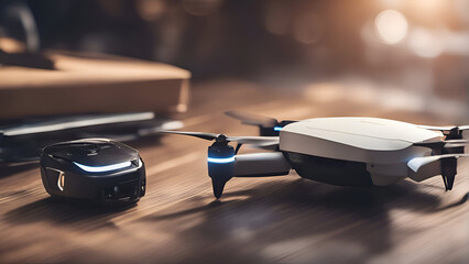 Drone quadcopter with digital camera on wooden table. 3d render - Powered by Adobe