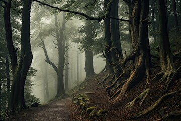 foggy forest with picturesque trees 