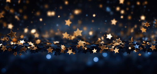 Magic blue holiday abstract glitter background with blinking stars. Blurred bokeh of Christmas...
