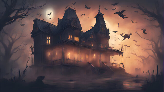 Halloween background with haunted house and bats. Digital painting illustration.