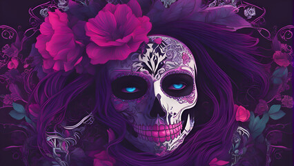 Sugar skull with floral background. Digital art painting. Vector illustration.
