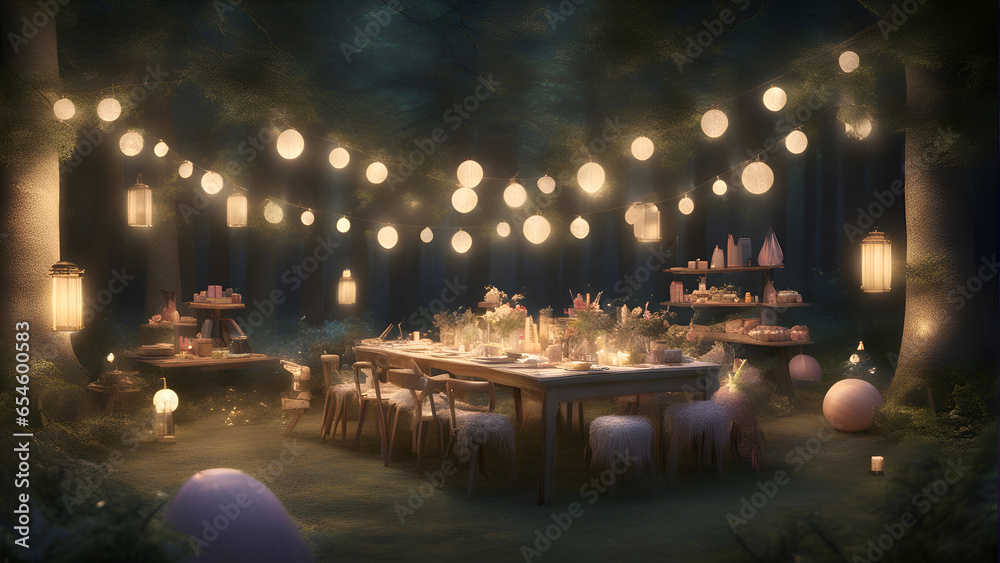 Canvas Prints 3D rendering of a fairy tale dinner table in a fantasy forest