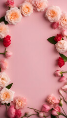 Fototapeta na wymiar Flowers composition. Frame made of rose flowers on pink background. Flat lay. top view. copy space