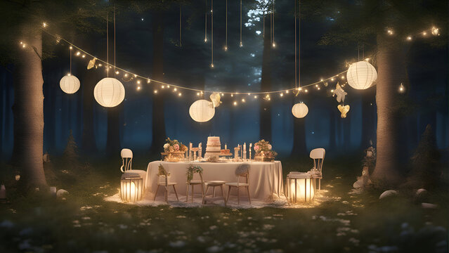 Wedding table in the forest at night. 3D rendering