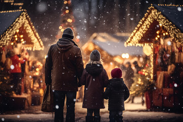 Obraz premium Family celebrating the holidays with beautiful christmas lights