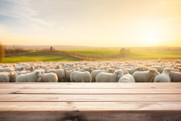 Empty wooden table top with blurred sheep farm background for product display montage