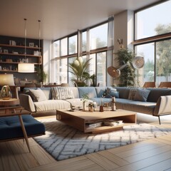 Fototapeta premium A modern living room, in a minimalist millenium crib, high ceiling and filled with warm green and khaki colour as the wall blend in with the design of the furniture.
