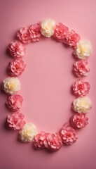 Frame made of pink and white artificial roses on pink background. flat lay