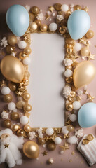 Top view of frame with golden and blue balloons and white flowers on pink background