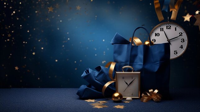 A captivating Black Friday design with a clock striking midnight, surrounded by shopping bags, all set against a textured deep blue backdrop. AI generated