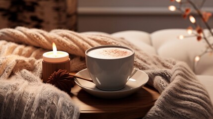 Fototapeta na wymiar A coffee cup set against a textured, cozy blanket in a comfortable armchair. The warm, inviting scene is perfect for adding your relaxation or coffee break message. AI generated