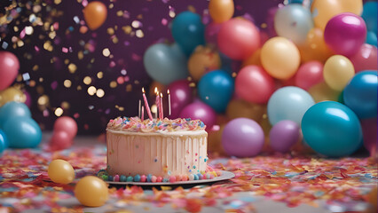 Birthday cake with burning candles and colorful balloons on blurred background.