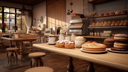 A cozy cafe setting with a bakery display and freshly brewed coffee, set against a textured wooden counter. AI generated - obrazy, fototapety, plakaty