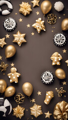 Christmas background with golden decorations and baubles. Top view.