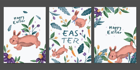 Fototapeta premium happy easter greeting card collection. easter bunny, carrot and floral watercolor illustration