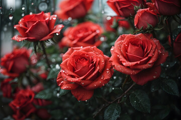 extreme close up of red roses with rain drops. On a rainy day. 