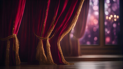 Theater stage with red velvet curtains and a window on the background