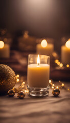 Christmas decoration with burning candle and bokeh lights on dark background