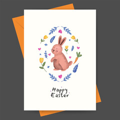 happy easter greeting card. cute bunny with floral watercolor ornament