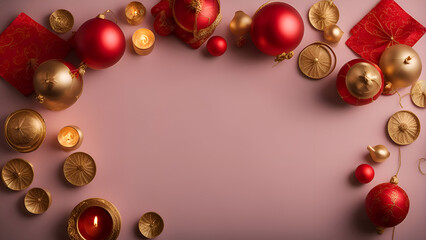Christmas background with red and gold decorations and gift box on pink background