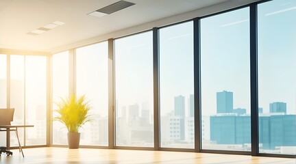Beautiful blurred background of a light modern office interior with panoramic windows and beautiful...