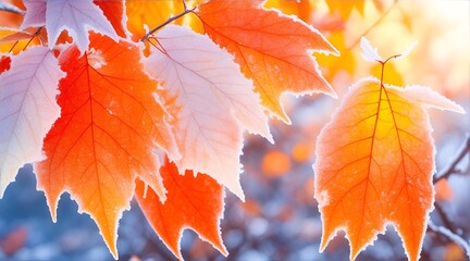 Beautiful colorful nature with bright orange leaves covered with frost in late autumn or early...