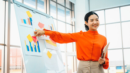 Young woman explains business data on white board in casual office room . The confident Asian businesswoman reports information progress of a business project to partner to determine strategy . Jivy