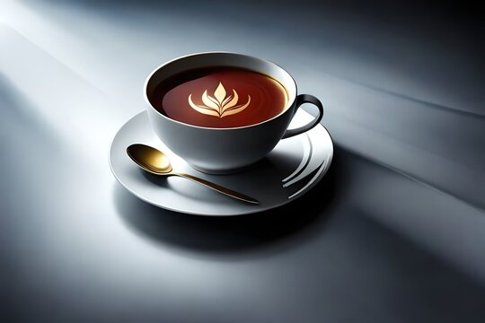 the cup of coffee with leaf design and spoone 