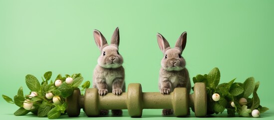 Fitness composition with dumbbells Easter bunnies and boxwood branches Gym workout and training...